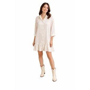 ZARA Cream Medium Satin Button-Up Drop Sleeve Ruffle Hem Shirt Dress
